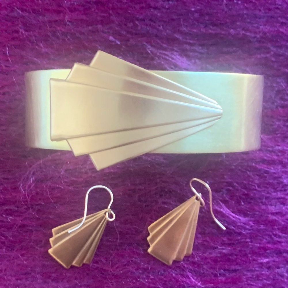 Brass Art Deco Cuff Bracelet & Earring Set, 14K gold post